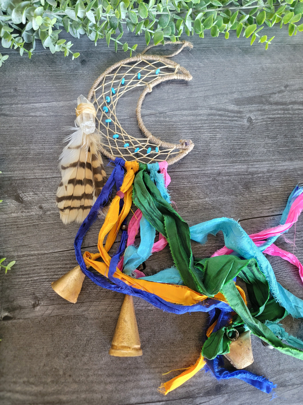 Crescent Moon Dream Catcher Witch's Bells Made with Sari Silk Scraps and Indian Brass Bells