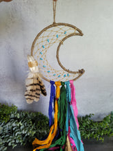 Load image into Gallery viewer, Crescent Moon Dream Catcher Witch&#39;s Bells Made with Sari Silk Scraps and Indian Brass Bells
