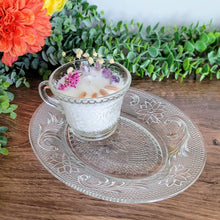 Load image into Gallery viewer, 6oz Tulip Fields soy wax candle in vintage Indiana Glass Tiara Pattern Tea Cup Snack Set (2 pieces!)
