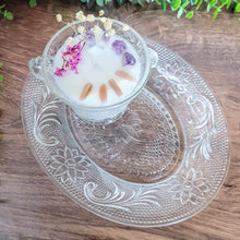 Load image into Gallery viewer, 6oz Tulip Fields soy wax candle in vintage Indiana Glass Tiara Pattern Tea Cup Snack Set (2 pieces!)
