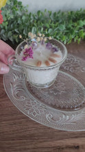 Load and play video in Gallery viewer, 6oz Tulip Fields soy wax candle in vintage Indiana Glass Tiara Pattern Tea Cup Snack Set (2 pieces!)
